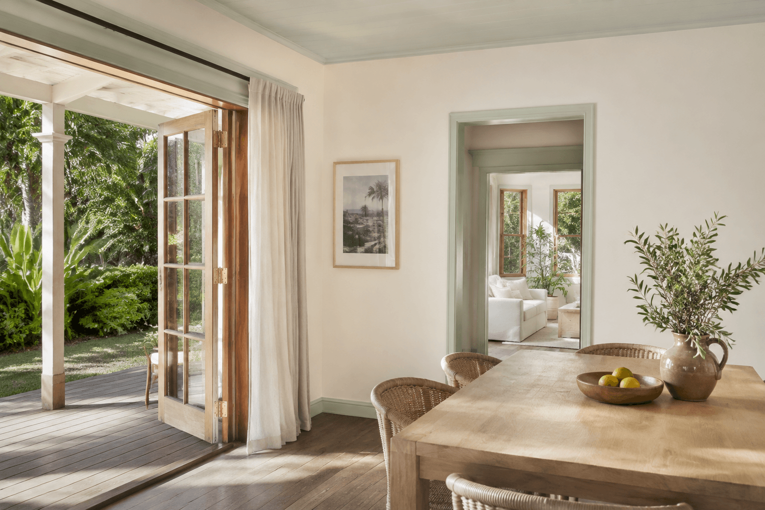 airy coastal dining room with warm white painted walls opening to a veranda