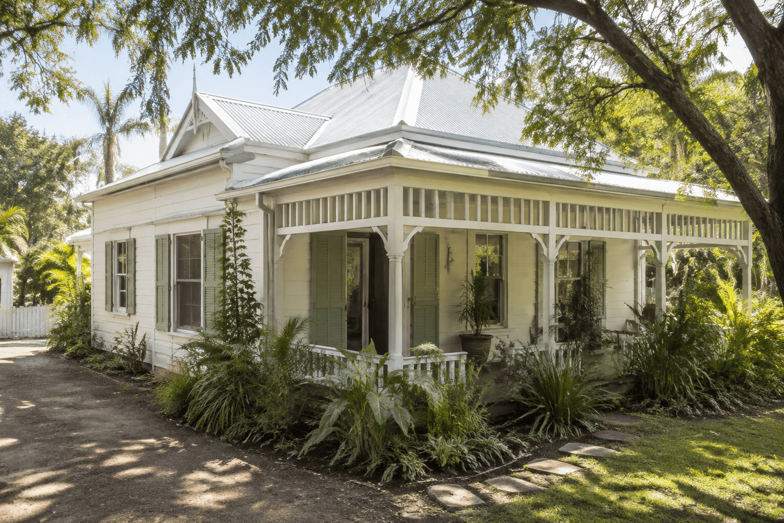 light coastal Queensland home with sage trim and tropical landscaping
